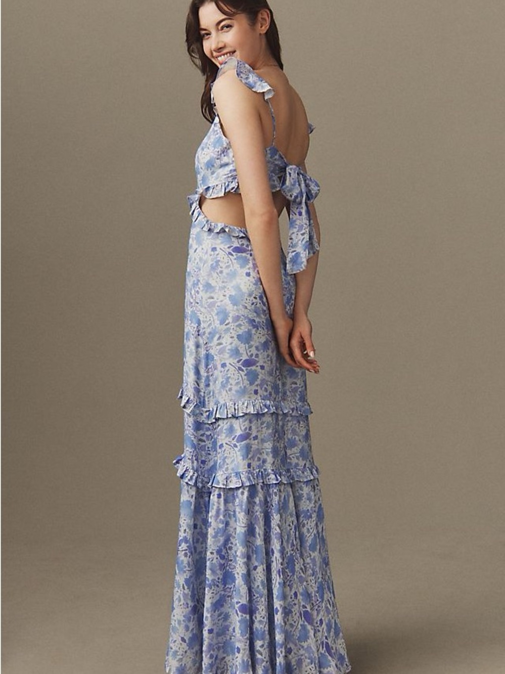 ASTR The Label Cassis Floral Ruffle Cutout Maxi Dress Blue Lavender Size M NWOT